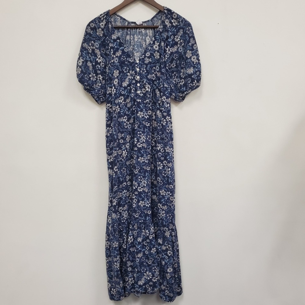 Old Navy Womens Blue‎ Floral Tiered Boho Maxi Dress Size L Puff Sleeve Button